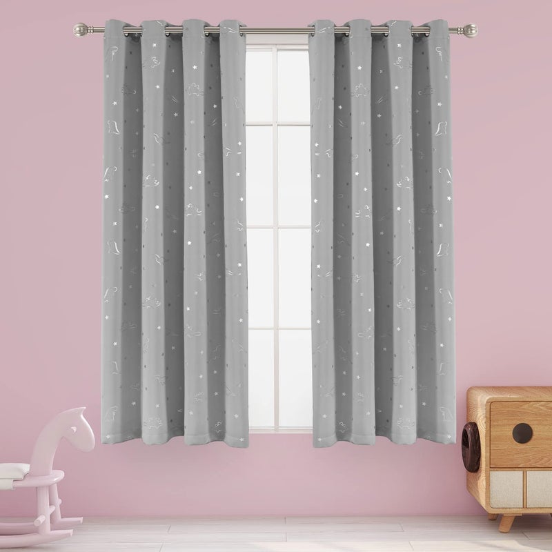 LORDTEX Dinosaur and Star Foil Print Blackout Curtains for Kids Room - Thermal Insulated Curtains Noise Reducing Window Drapes for Boys and Girls Bedroom, 52 x 63 Inch, Light Grey, Set of 2 Panels - Image 1